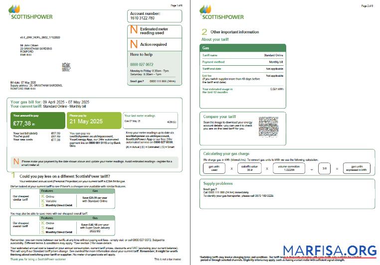 Downloadable Scotland Scottish Power utility bill template in Word and PDF formats, 6 pages, 1 2 pages